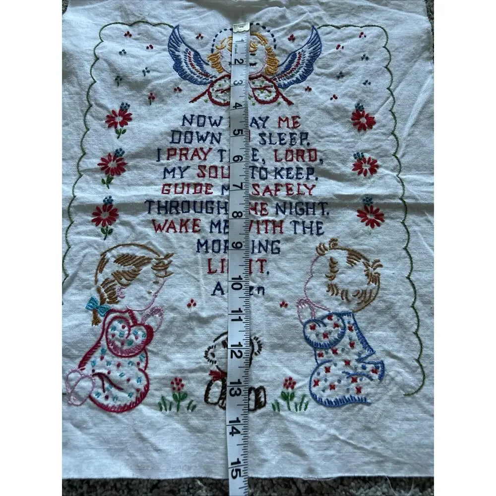 Vtg Embroidery Needlepoint Children’s Bedtime Prayer Girl Boy Angel Unframed E26